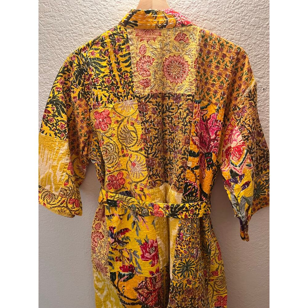 NEW Boho Patchwork Kantha 100% Cotton Robe Yellow Floral Quilted Kimono Belted - Picture 7 of 8